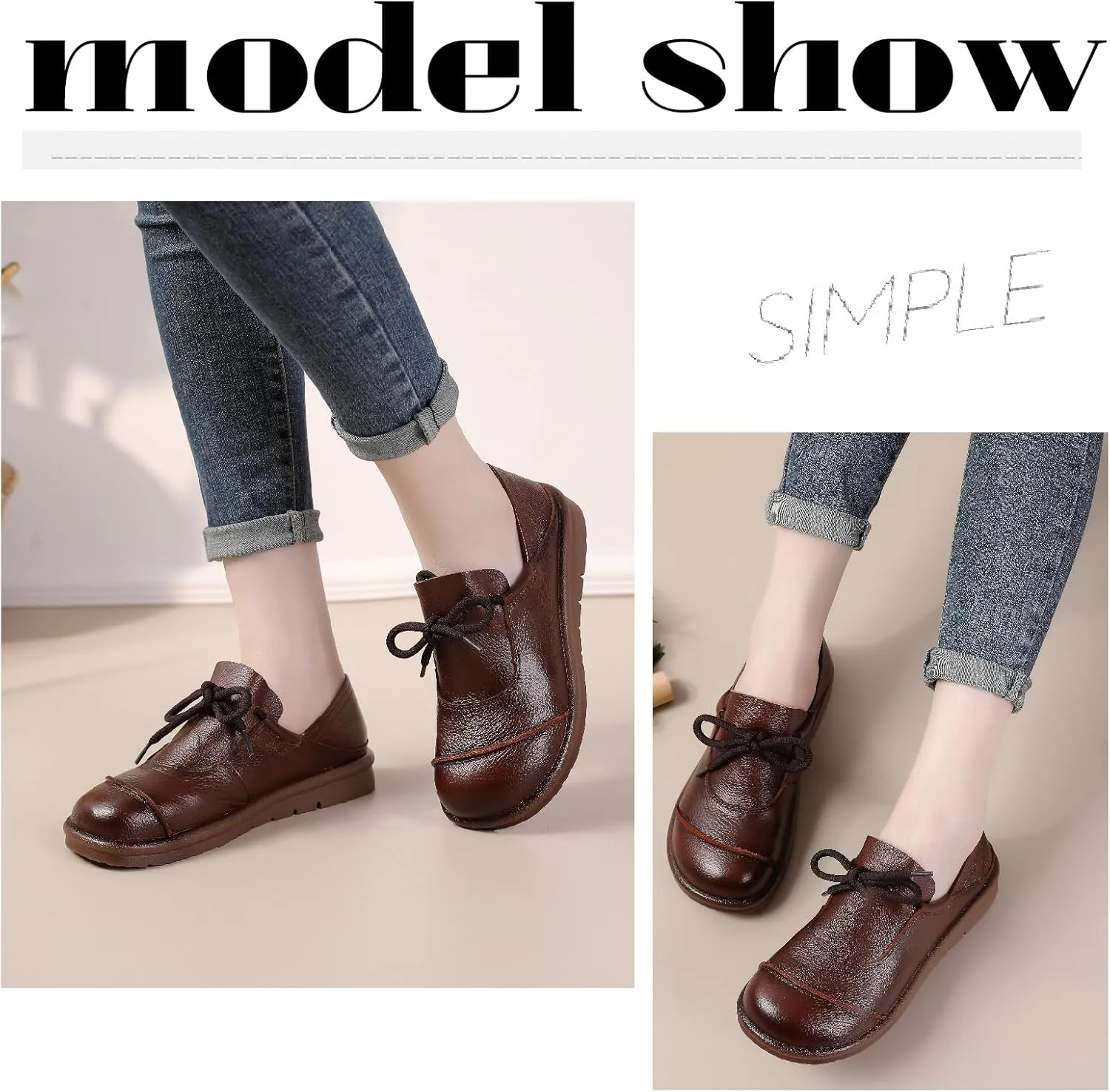Women's Genuine Leather Flat Walking Shoes Retro Comfortable Round Toe Lace-up Soft Bottom Casual Leather Shoes for Daily Work Office
