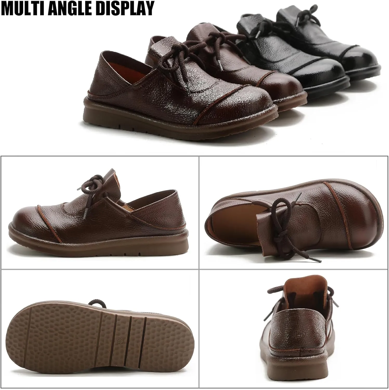 Women's Genuine Leather Flat Walking Shoes Retro Comfortable Round Toe Lace-up Soft Bottom Casual Leather Shoes for Daily Work Office