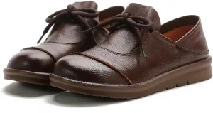 Women's Genuine Leather Flat Walking Shoes Retro Comfortable Round Toe Lace-up Soft Bottom Casual Leather Shoes for Daily Work Office