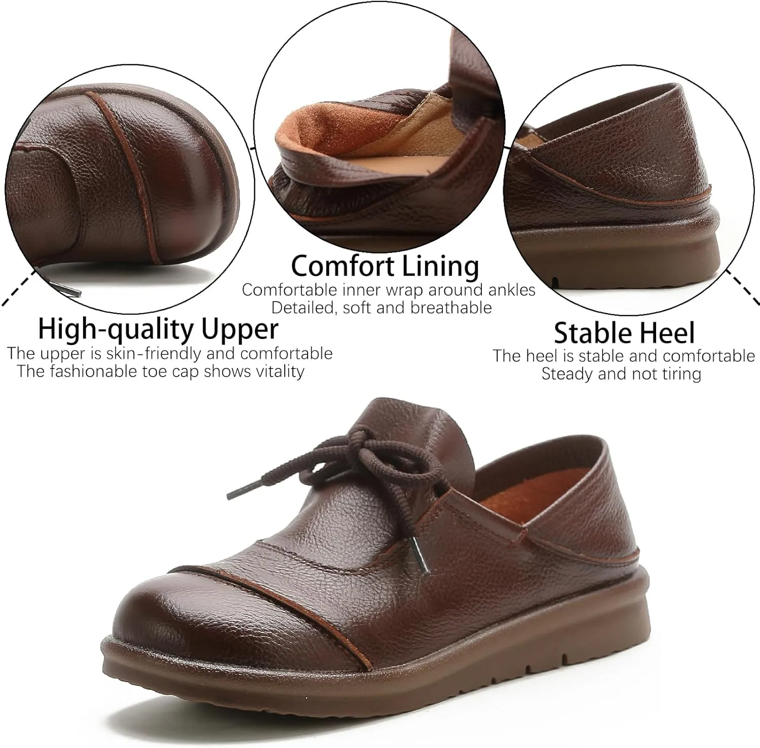 Women's Genuine Leather Flat Walking Shoes Retro Comfortable Round Toe Lace-up Soft Bottom Casual Leather Shoes for Daily Work Office