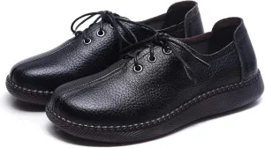 Women's Genuine Leather Lace-Up Flat Oxfords,Classic Round Toe Handmade Beef Tendon Soft Sole Business Formal Dress Driving Shoes Casual Comfortable Non-Slip Mom Walking Shoes
