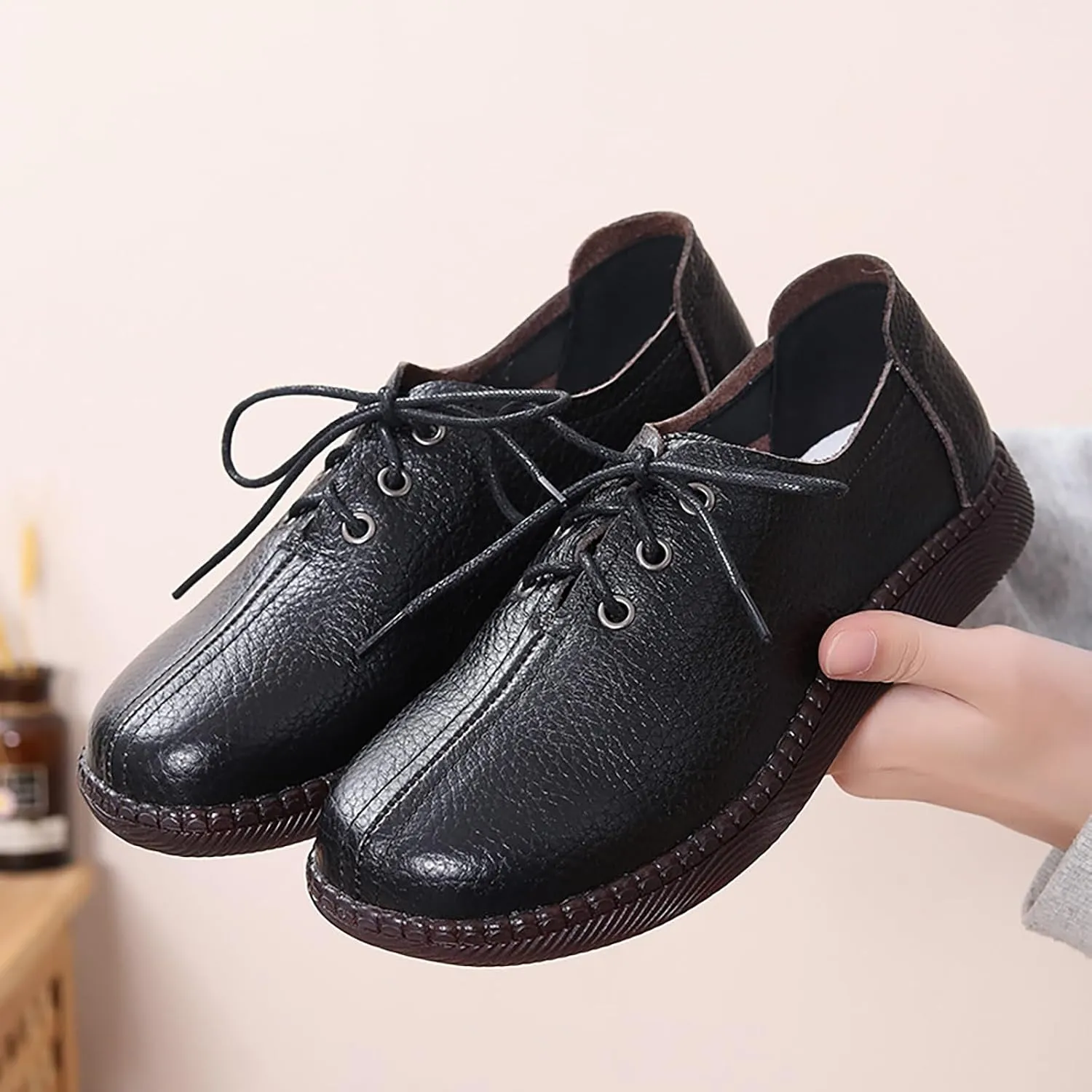 Women's Genuine Leather Lace-Up Flat Oxfords,Classic Round Toe Handmade Beef Tendon Soft Sole Business Formal Dress Driving Shoes Casual Comfortable Non-Slip Mom Walking Shoes