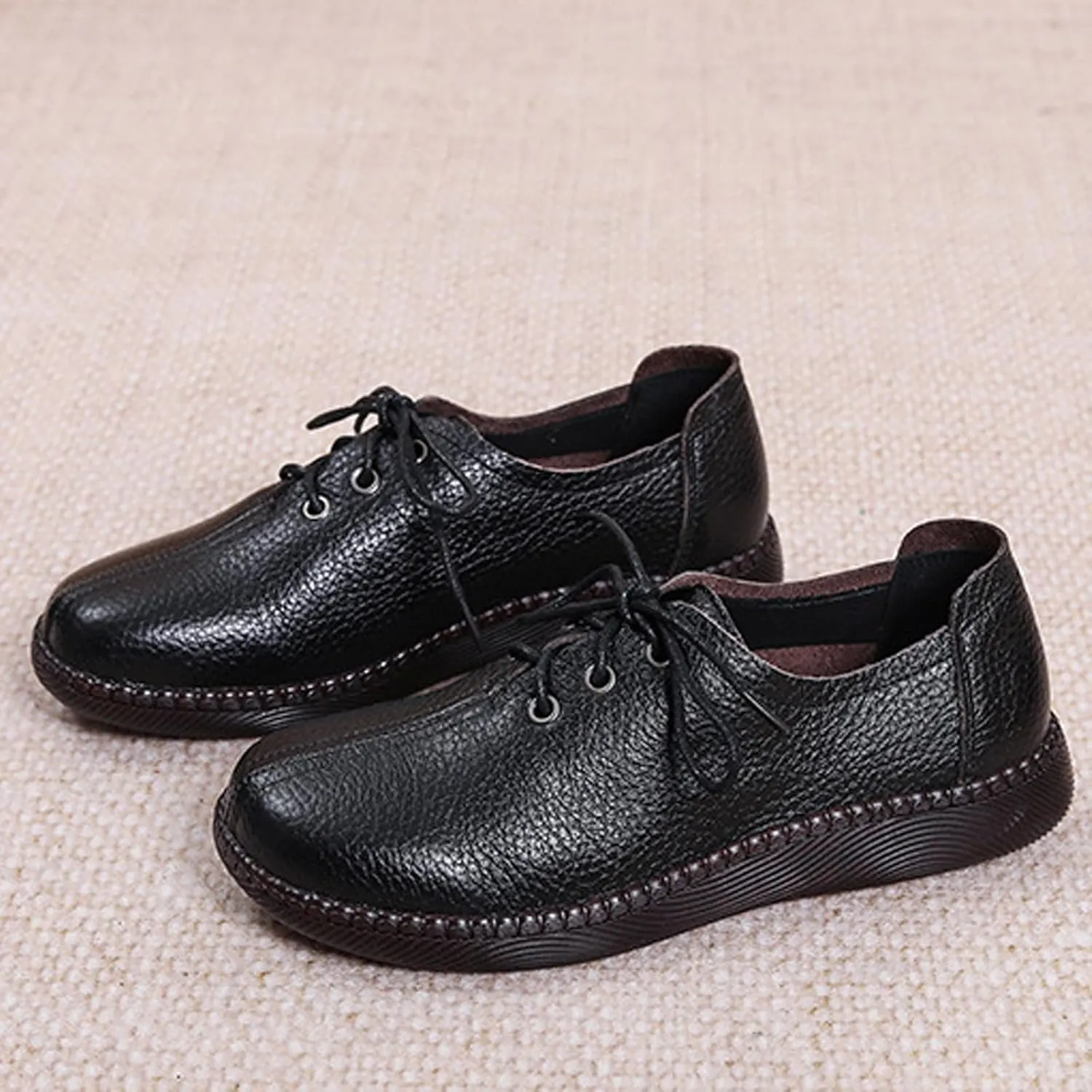 Women's Genuine Leather Lace-Up Flat Oxfords,Classic Round Toe Handmade Beef Tendon Soft Sole Business Formal Dress Driving Shoes Casual Comfortable Non-Slip Mom Walking Shoes