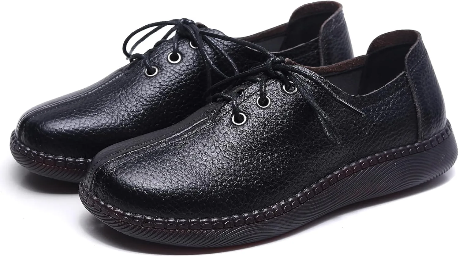 Women's Genuine Leather Lace-Up Flat Oxfords,Classic Round Toe Handmade Beef Tendon Soft Sole Business Formal Dress Driving Shoes Casual Comfortable Non-Slip Mom Walking Shoes