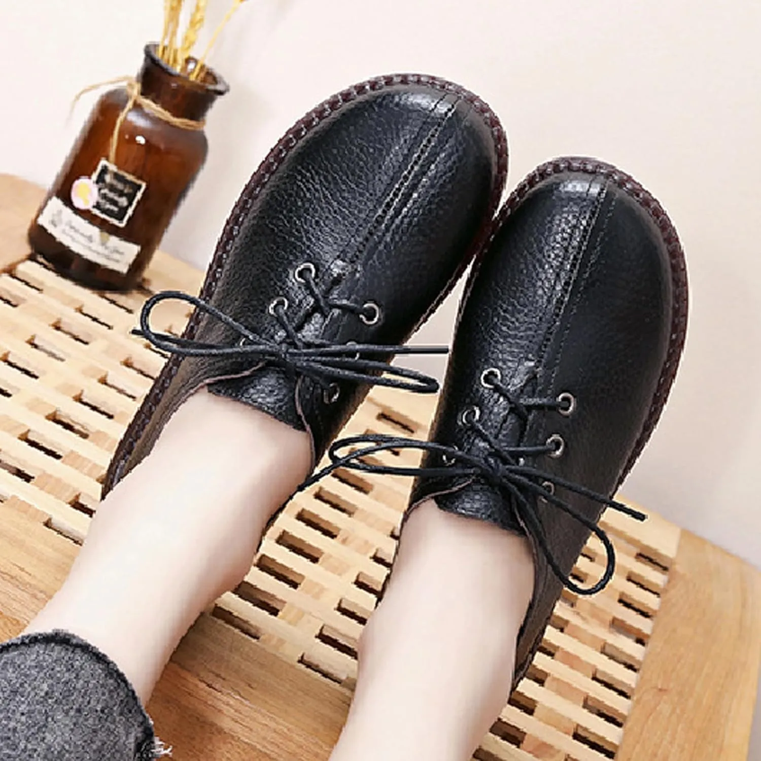 Women's Genuine Leather Lace-Up Flat Oxfords,Classic Round Toe Handmade Beef Tendon Soft Sole Business Formal Dress Driving Shoes Casual Comfortable Non-Slip Mom Walking Shoes