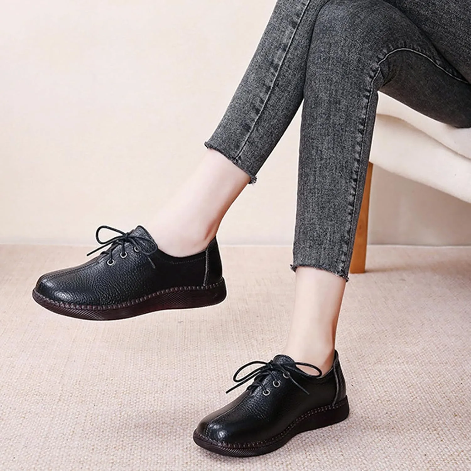 Women's Genuine Leather Lace-Up Flat Oxfords,Classic Round Toe Handmade Beef Tendon Soft Sole Business Formal Dress Driving Shoes Casual Comfortable Non-Slip Mom Walking Shoes