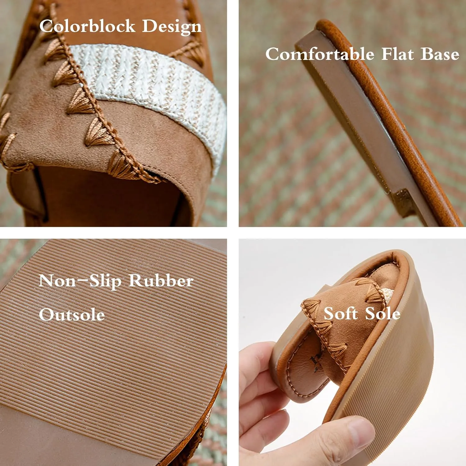 Women'S Handmade Colorblock Square Open Toe Flat Slide Sandals Casual Slip On Comfortable Flat Mule Sandals Summer Breathable Non-Slip Beach Walking Slippers Shoes