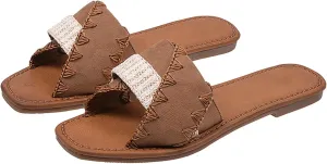 Women'S Handmade Colorblock Square Open Toe Flat Slide Sandals Casual Slip On Comfortable Flat Mule Sandals Summer Breathable Non-Slip Beach Walking Slippers Shoes