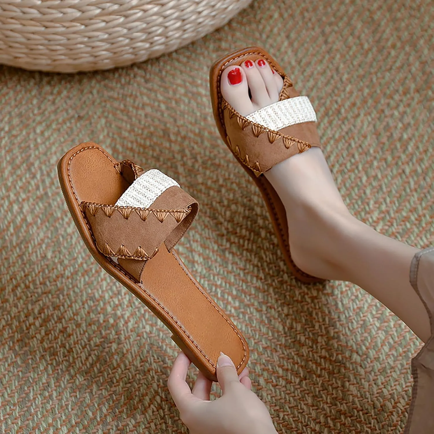 Women'S Handmade Colorblock Square Open Toe Flat Slide Sandals Casual Slip On Comfortable Flat Mule Sandals Summer Breathable Non-Slip Beach Walking Slippers Shoes