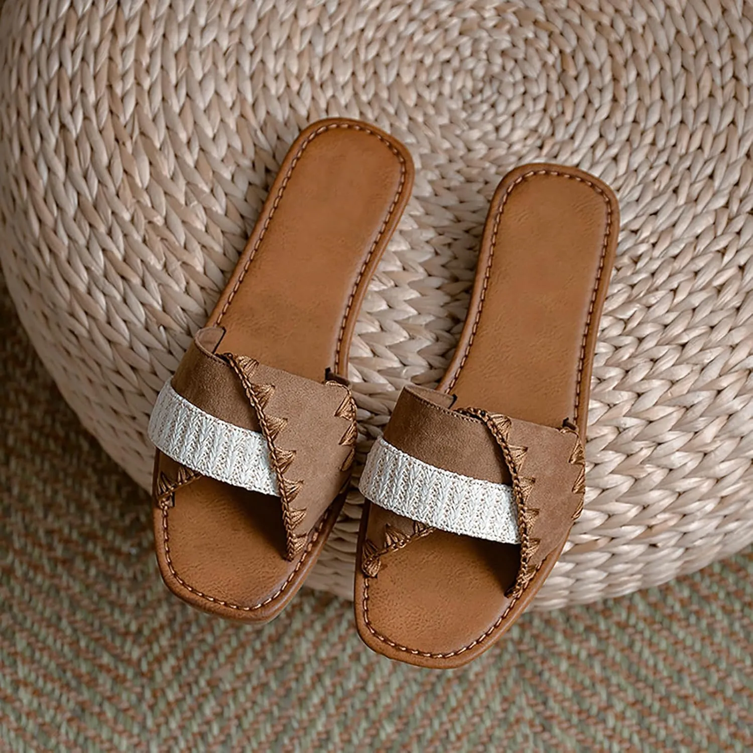 Women'S Handmade Colorblock Square Open Toe Flat Slide Sandals Casual Slip On Comfortable Flat Mule Sandals Summer Breathable Non-Slip Beach Walking Slippers Shoes