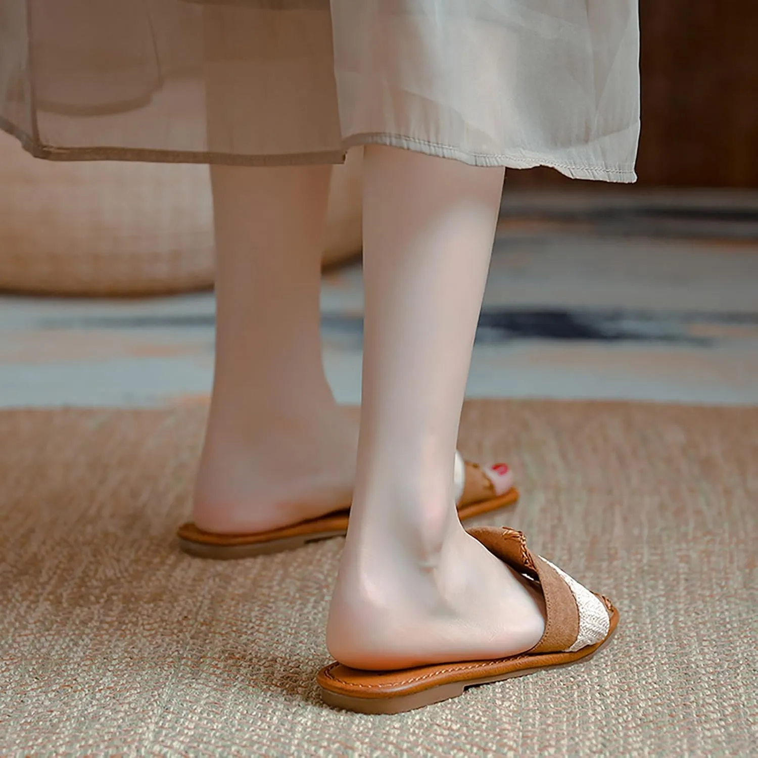 Women'S Handmade Colorblock Square Open Toe Flat Slide Sandals Casual Slip On Comfortable Flat Mule Sandals Summer Breathable Non-Slip Beach Walking Slippers Shoes