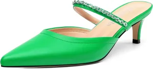 Women's Kitten Heel Pumps, Pointed Toe Open Heel Mule Shoes, Silver Chain Embellished Strap, Dress Slingback Party Heels.