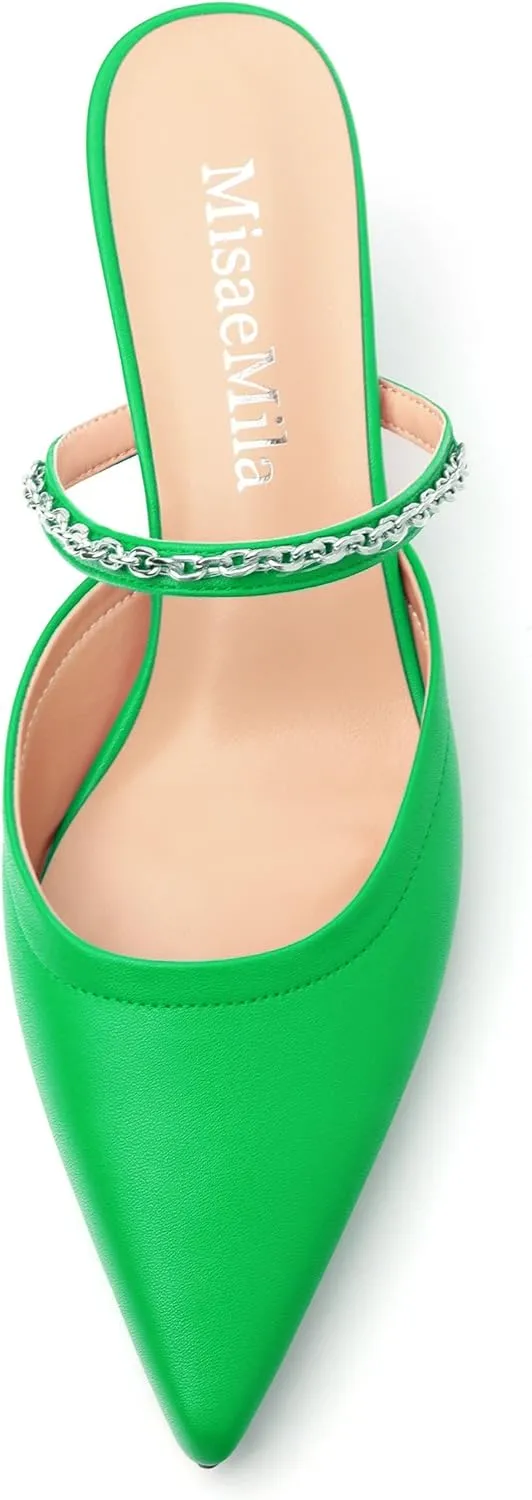 Women's Kitten Heel Pumps, Pointed Toe Open Heel Mule Shoes, Silver Chain Embellished Strap, Dress Slingback Party Heels.