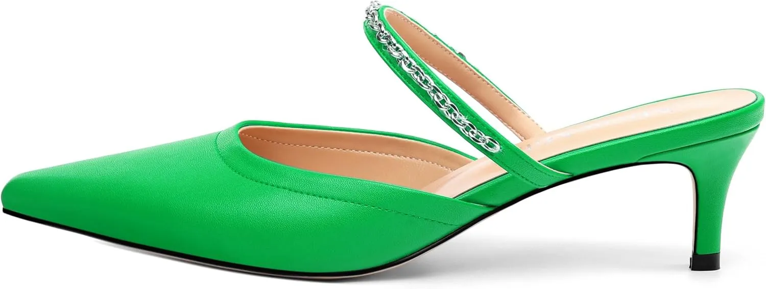 Women's Kitten Heel Pumps, Pointed Toe Open Heel Mule Shoes, Silver Chain Embellished Strap, Dress Slingback Party Heels.