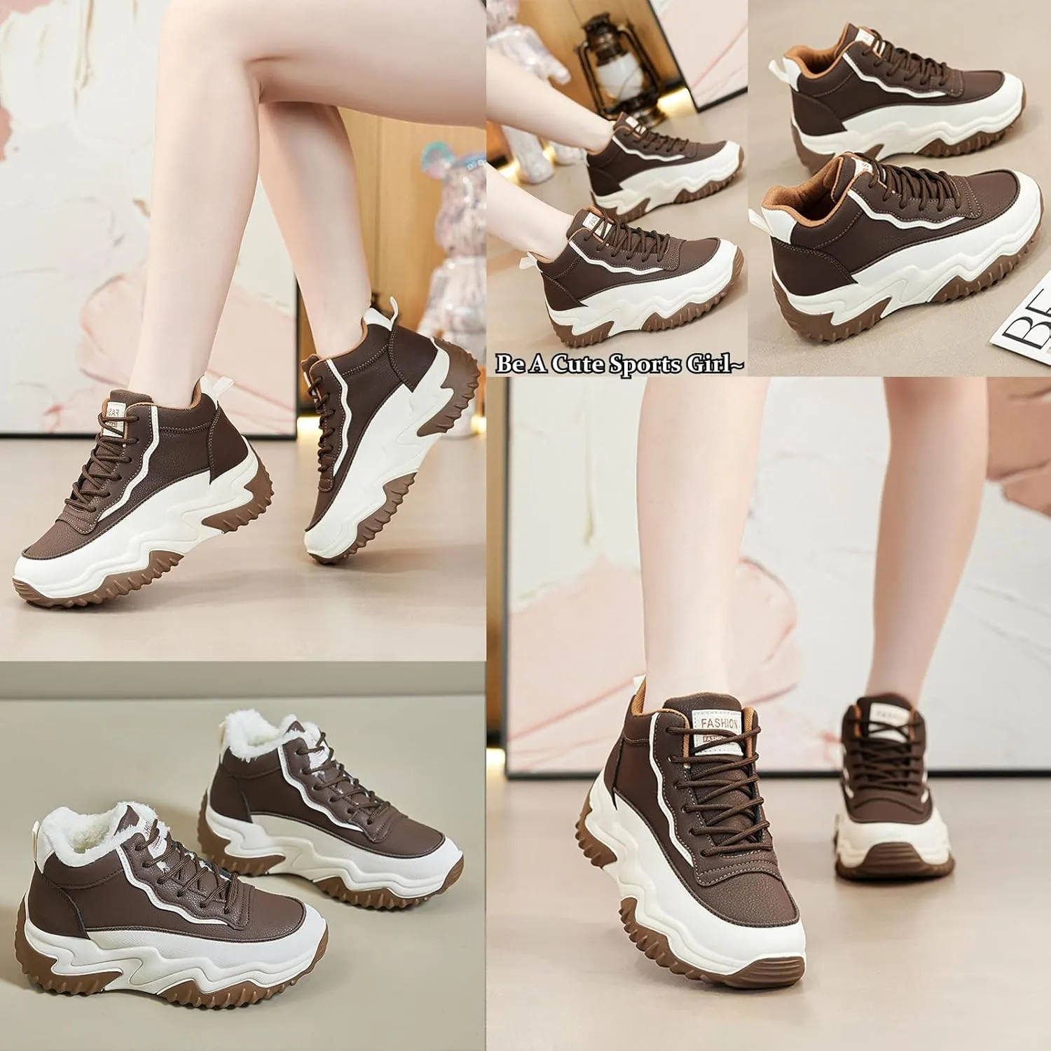 Women's Leather Platform High Top Casual Sneakers,Lace-Up Fleece Warm Comfortable Round Toe Ankle Fashion Sneakers