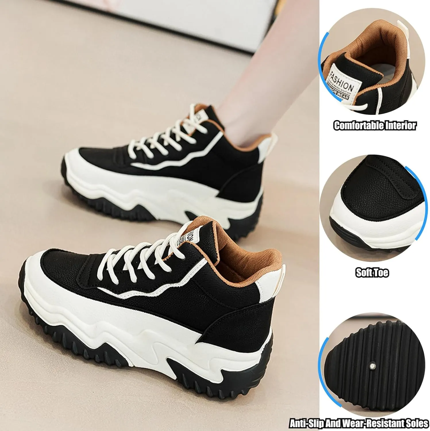 Women's Leather Platform High Top Casual Sneakers,Lace-Up Fleece Warm Comfortable Round Toe Ankle Fashion Sneakers