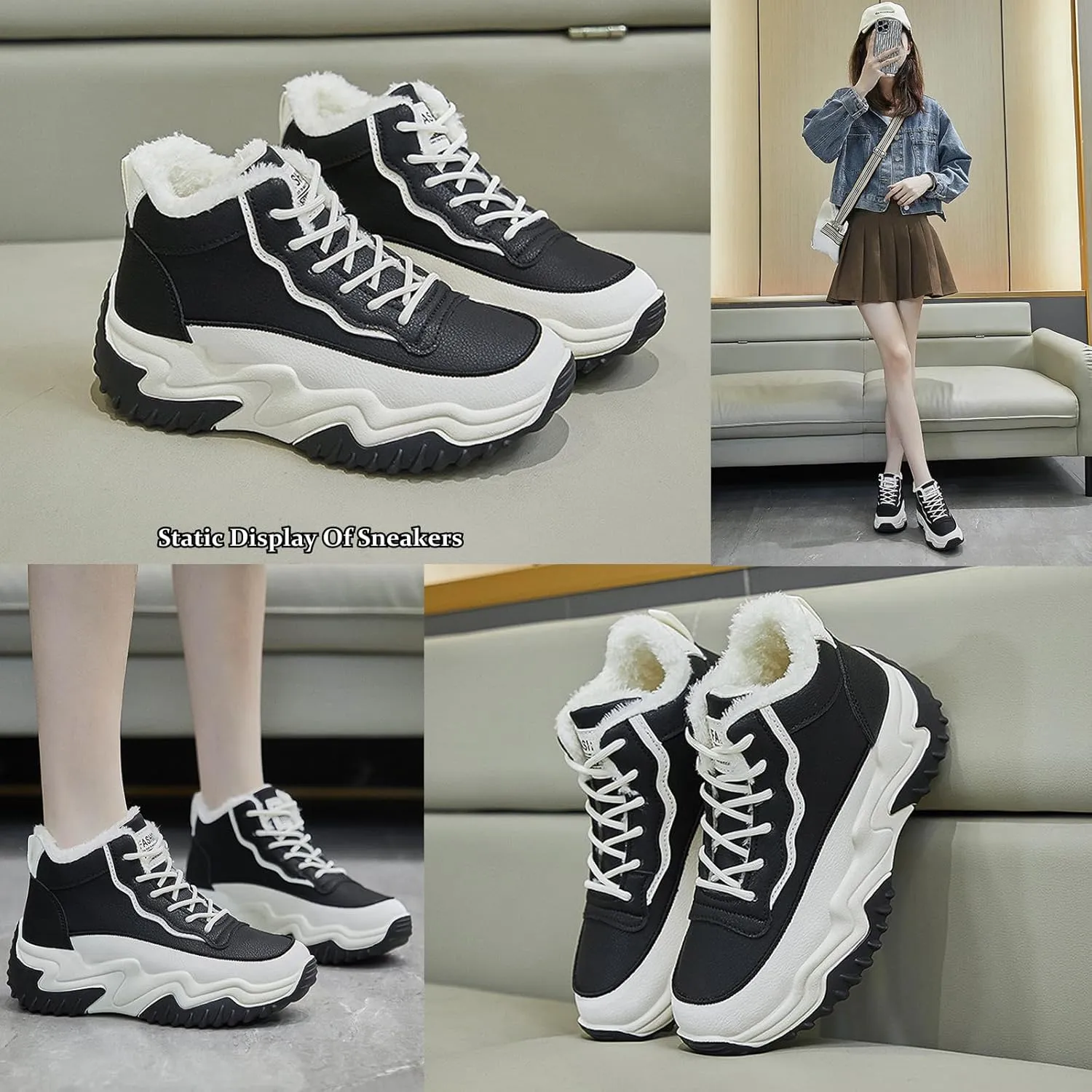 Women's Leather Platform High Top Casual Sneakers,Lace-Up Fleece Warm Comfortable Round Toe Ankle Fashion Sneakers