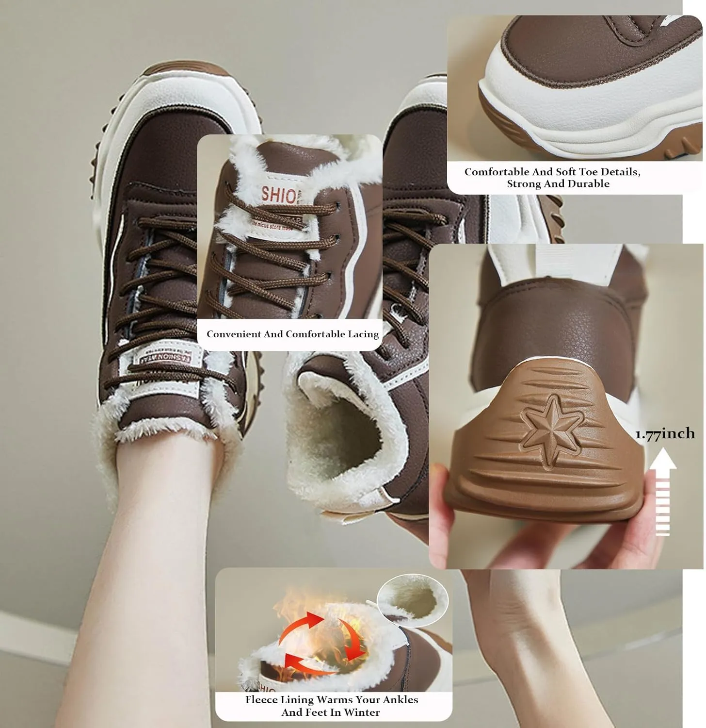 Women's Leather Platform High Top Casual Sneakers,Lace-Up Fleece Warm Comfortable Round Toe Ankle Fashion Sneakers