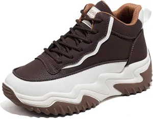 Women's Leather Platform High Top Casual Sneakers,Lace-Up Fleece Warm Comfortable Round Toe Ankle Fashion Sneakers