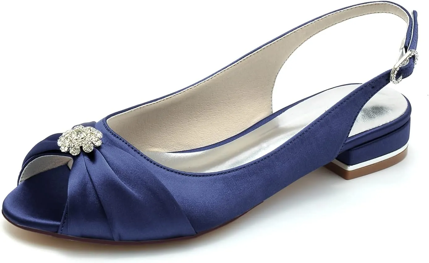Women's Peep Toe Beaded Flat Pumps Satin Wedding Shoes Slingback Bridal Evening Party Comfort Flats Sandals