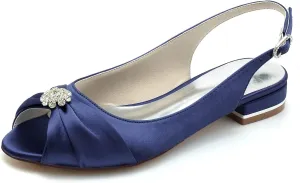Women's Peep Toe Beaded Flat Pumps Satin Wedding Shoes Slingback Bridal Evening Party Comfort Flats Sandals