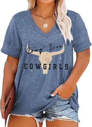 Womens Plus Size T Shirt Country Music Cowgirl Shirt Vintage Cow Printed Tshirts V Neck Short Sleeve Tops