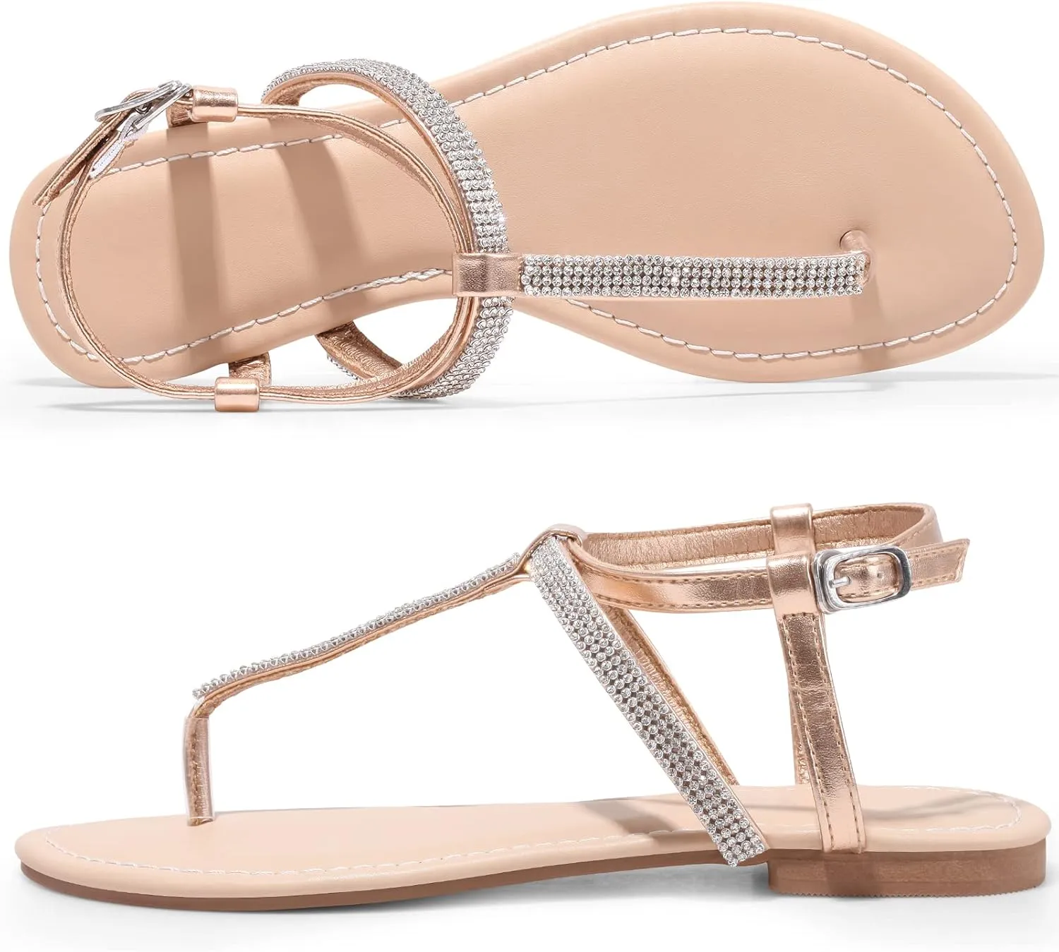 Womens Rhinestone Sandals T-Strap Crystal Flat Dressy Adjustable Ankle Thong Summer Sandals