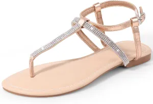 Womens Rhinestone Sandals T-Strap Crystal Flat Dressy Adjustable Ankle Thong Summer Sandals