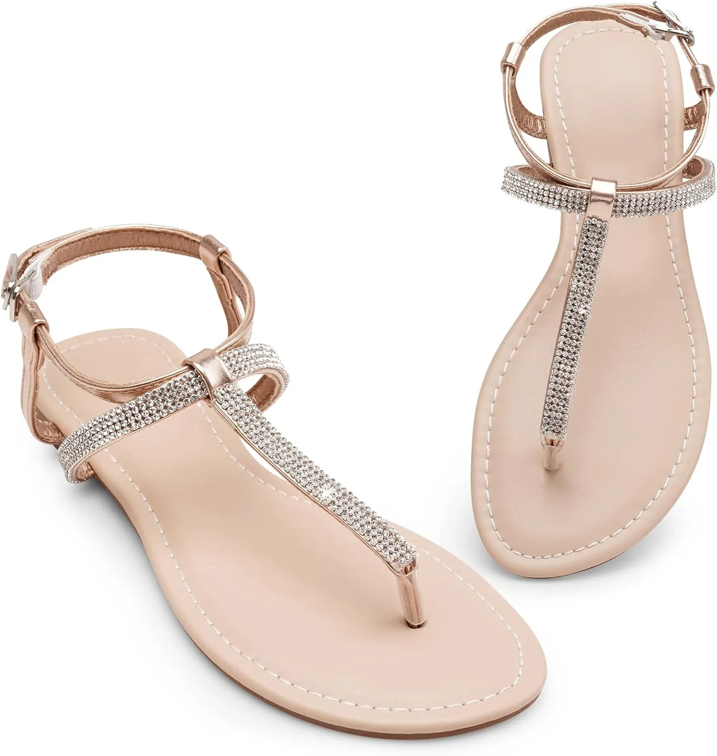 Womens Rhinestone Sandals T-Strap Crystal Flat Dressy Adjustable Ankle Thong Summer Sandals