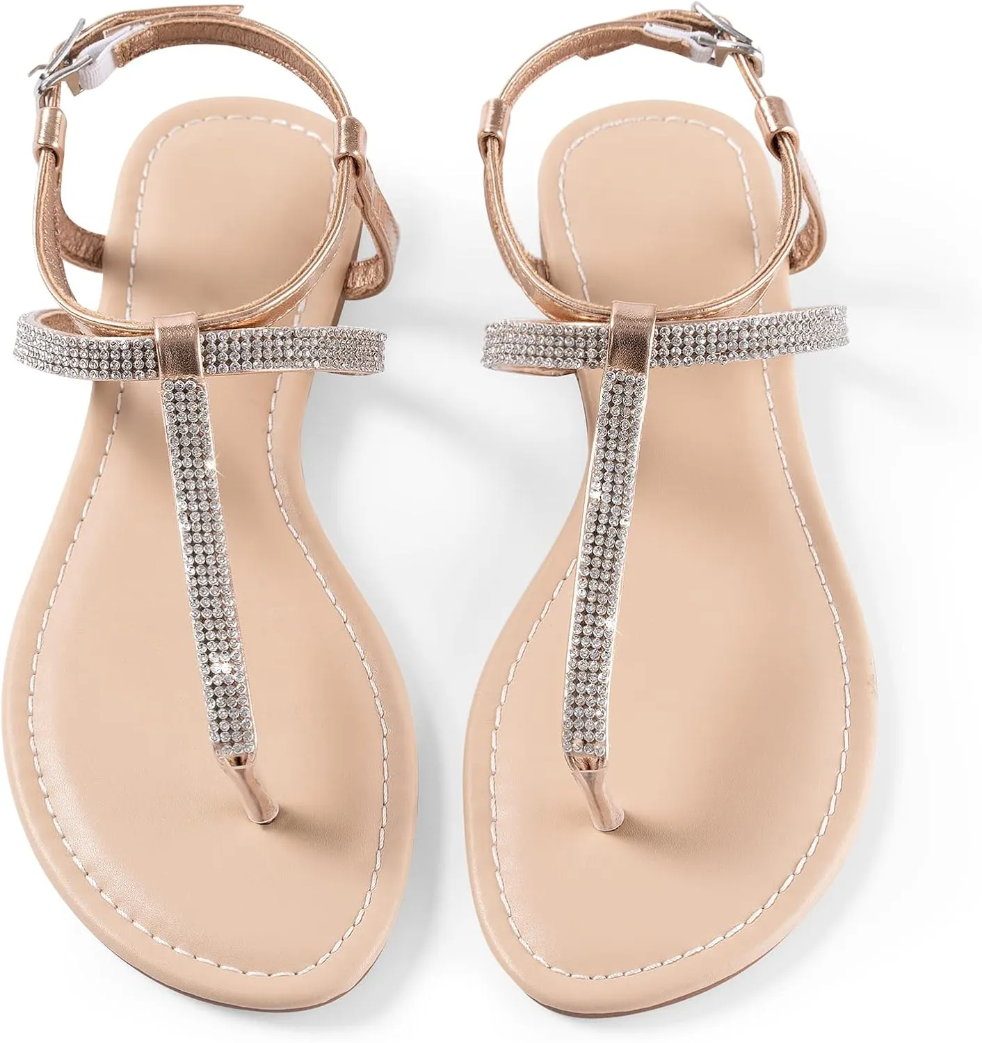 Womens Rhinestone Sandals T-Strap Crystal Flat Dressy Adjustable Ankle Thong Summer Sandals