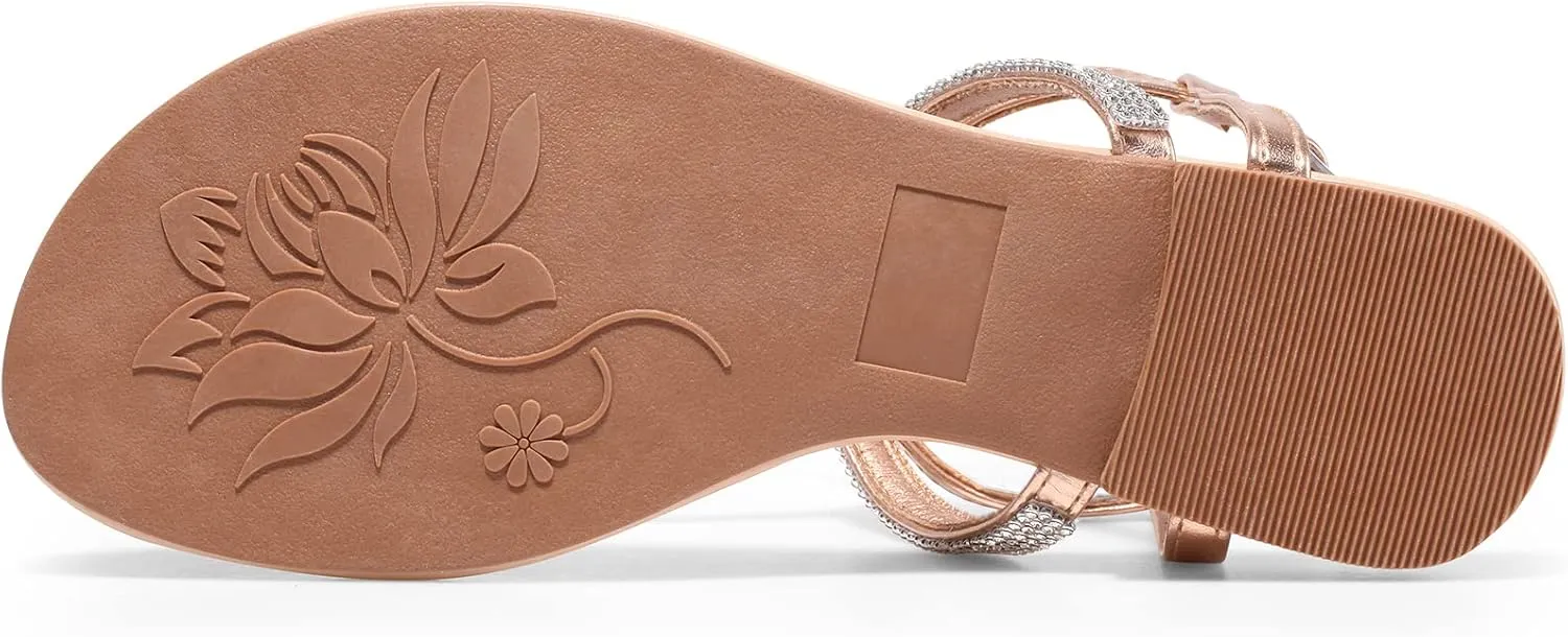 Womens Rhinestone Sandals T-Strap Crystal Flat Dressy Adjustable Ankle Thong Summer Sandals
