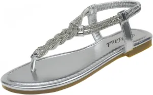 Women's Rhinestone Thong Flat Sandals Elastic Ankle Strap Bohemian Dressy Sandals for Women