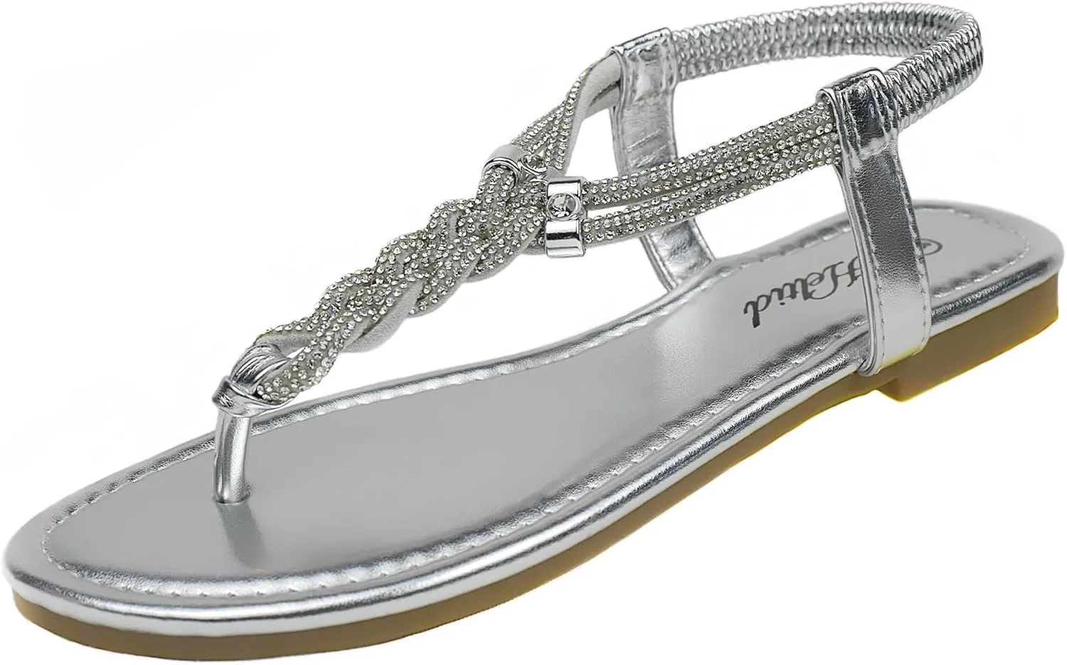 Women's Rhinestone Thong Flat Sandals Elastic Ankle Strap Bohemian Dressy Sandals for Women