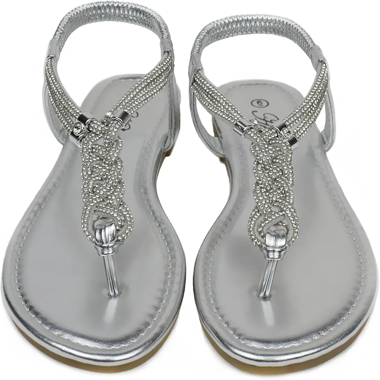 Women's Rhinestone Thong Flat Sandals Elastic Ankle Strap Bohemian Dressy Sandals for Women