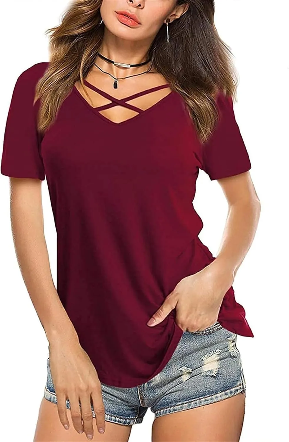 Women's Sexy V-Neck T-Shirt Casual Solid Color Short Sleeve Loose Summer Tops