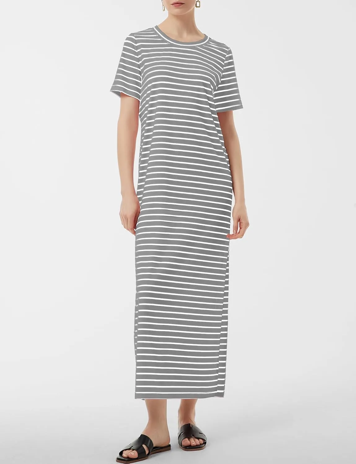 Women's Short Sleeve Double Split Maxi Dress 2025 Summer Casual Plain Striped Loose Long T Shirt Dresses