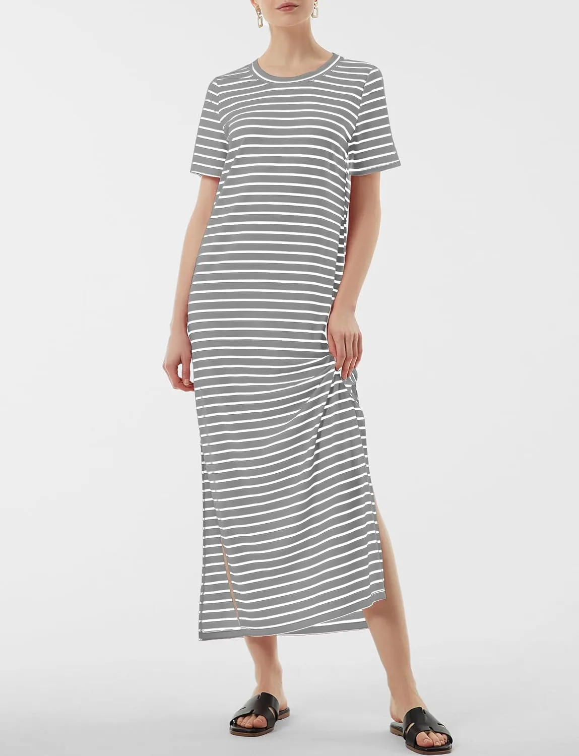 Women's Short Sleeve Double Split Maxi Dress 2025 Summer Casual Plain Striped Loose Long T Shirt Dresses