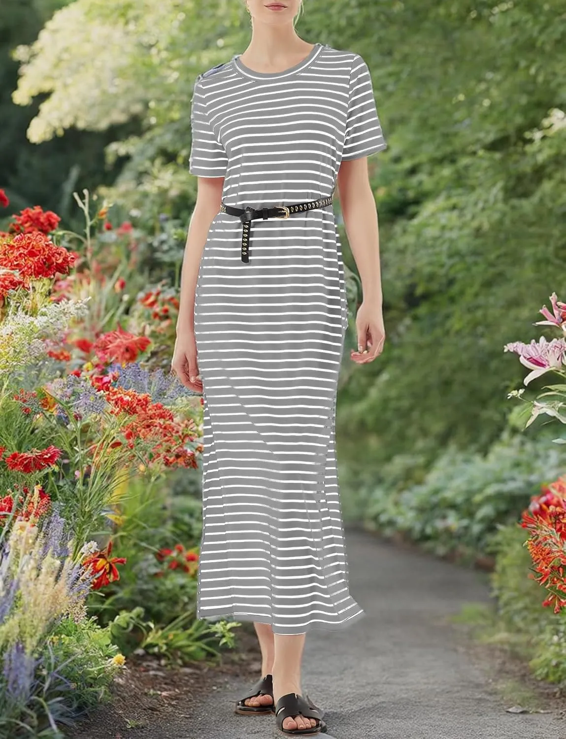 Women's Short Sleeve Double Split Maxi Dress 2025 Summer Casual Plain Striped Loose Long T Shirt Dresses