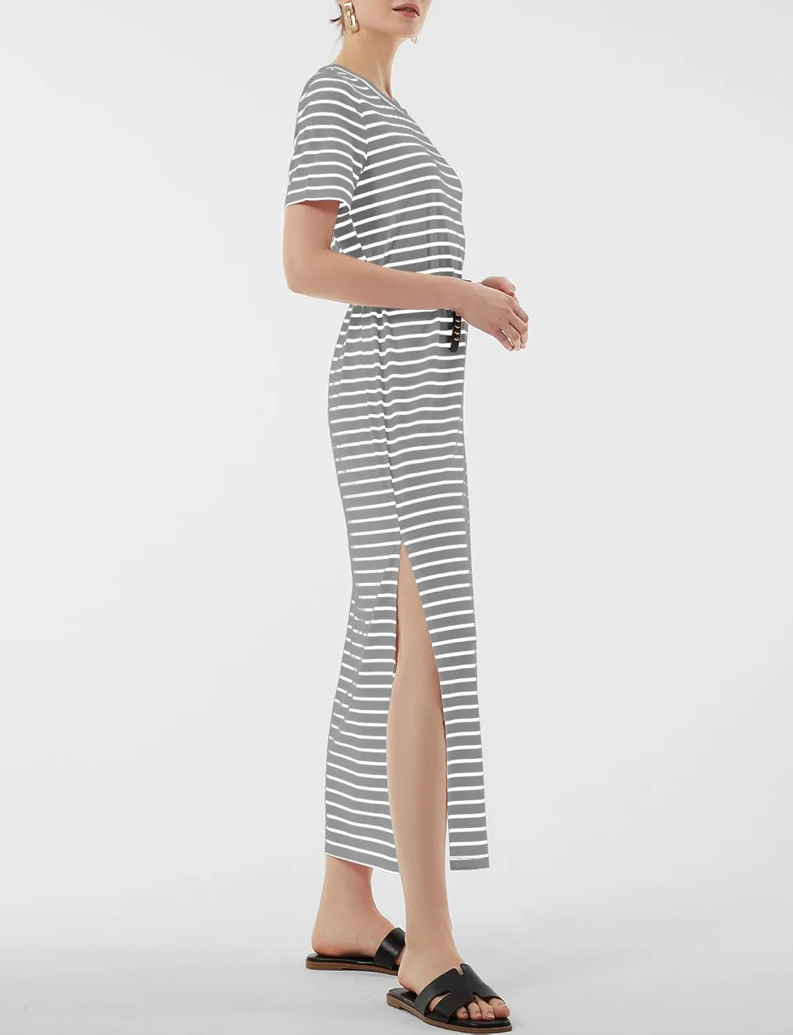 Women's Short Sleeve Double Split Maxi Dress 2025 Summer Casual Plain Striped Loose Long T Shirt Dresses