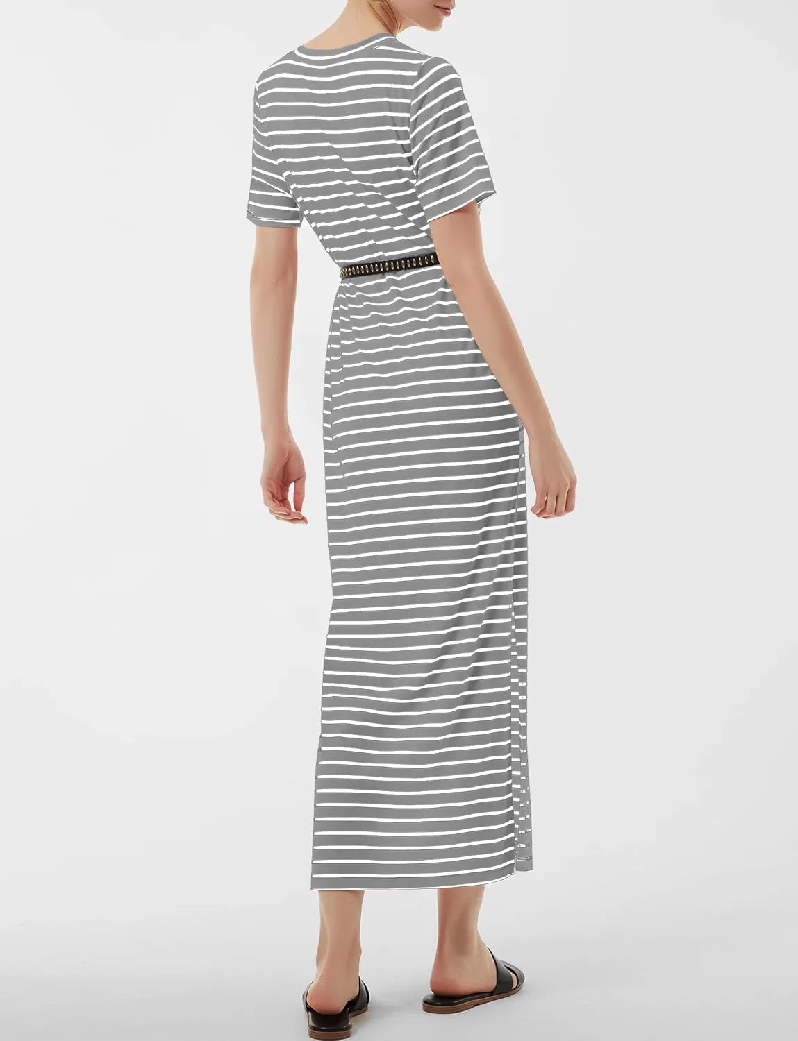 Women's Short Sleeve Double Split Maxi Dress 2025 Summer Casual Plain Striped Loose Long T Shirt Dresses