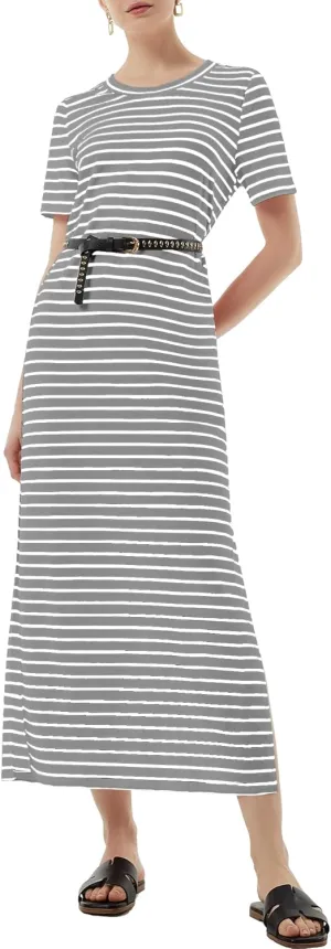 Women's Short Sleeve Double Split Maxi Dress 2025 Summer Casual Plain Striped Loose Long T Shirt Dresses