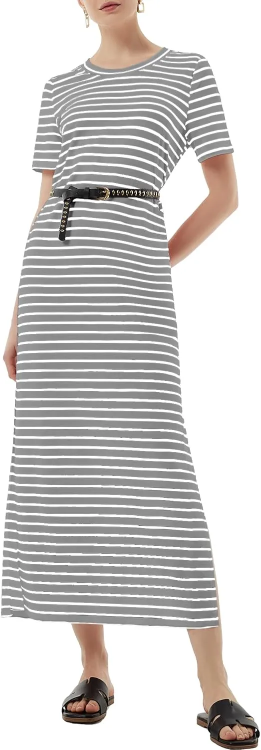 Women's Short Sleeve Double Split Maxi Dress 2025 Summer Casual Plain Striped Loose Long T Shirt Dresses