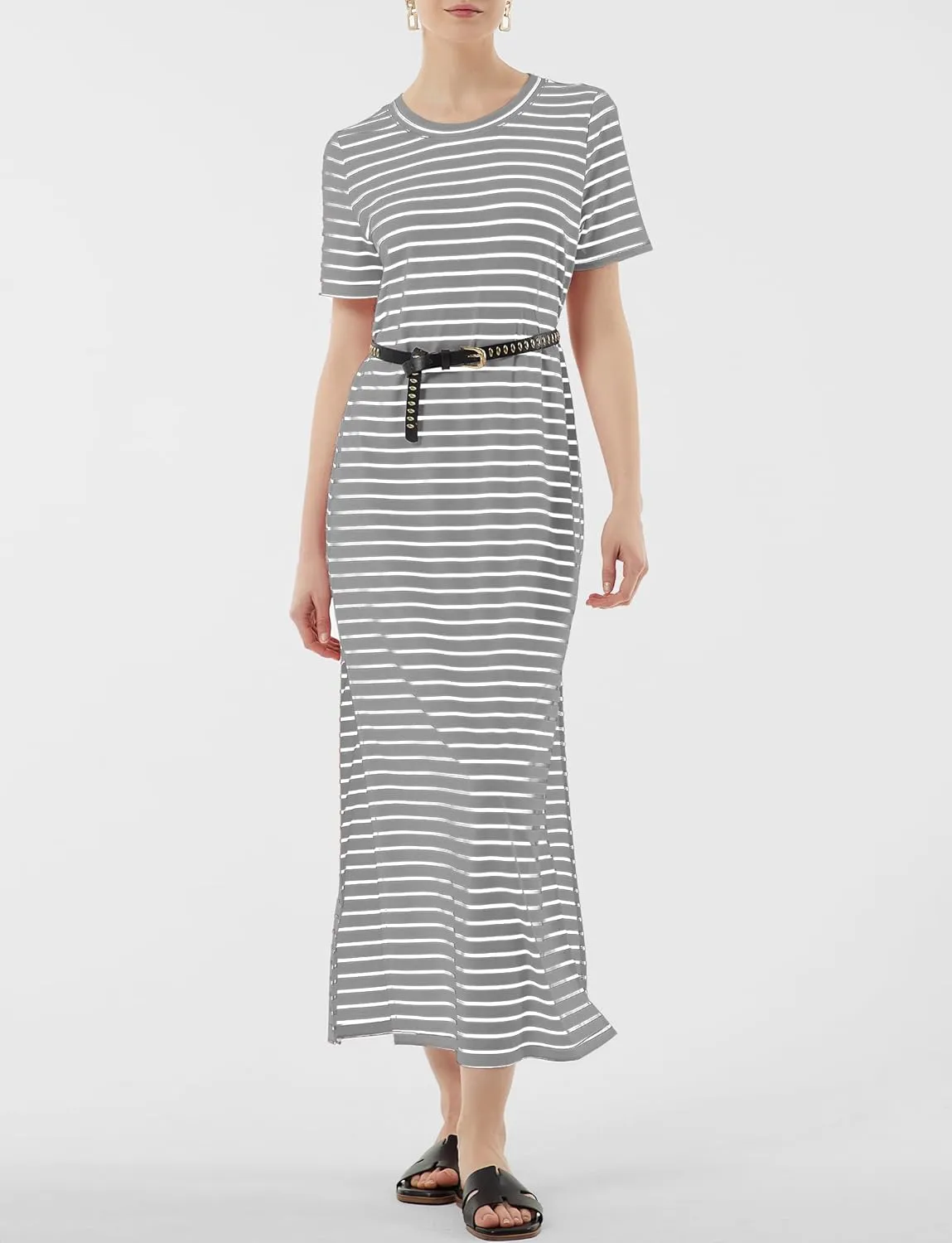 Women's Short Sleeve Double Split Maxi Dress 2025 Summer Casual Plain Striped Loose Long T Shirt Dresses