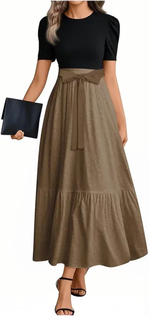 Women's Summer 2025 Fashion Dress Casual Tie Waist Short Sleeve Round Neck Solid Color Patchwork Elegant Flowy Maxi Dresses