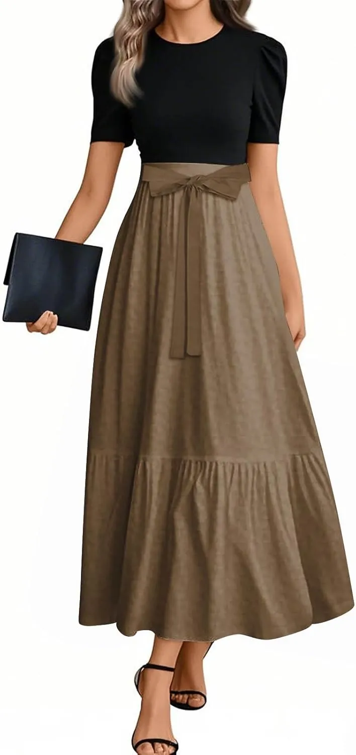 Women's Summer 2025 Fashion Dress Casual Tie Waist Short Sleeve Round Neck Solid Color Patchwork Elegant Flowy Maxi Dresses
