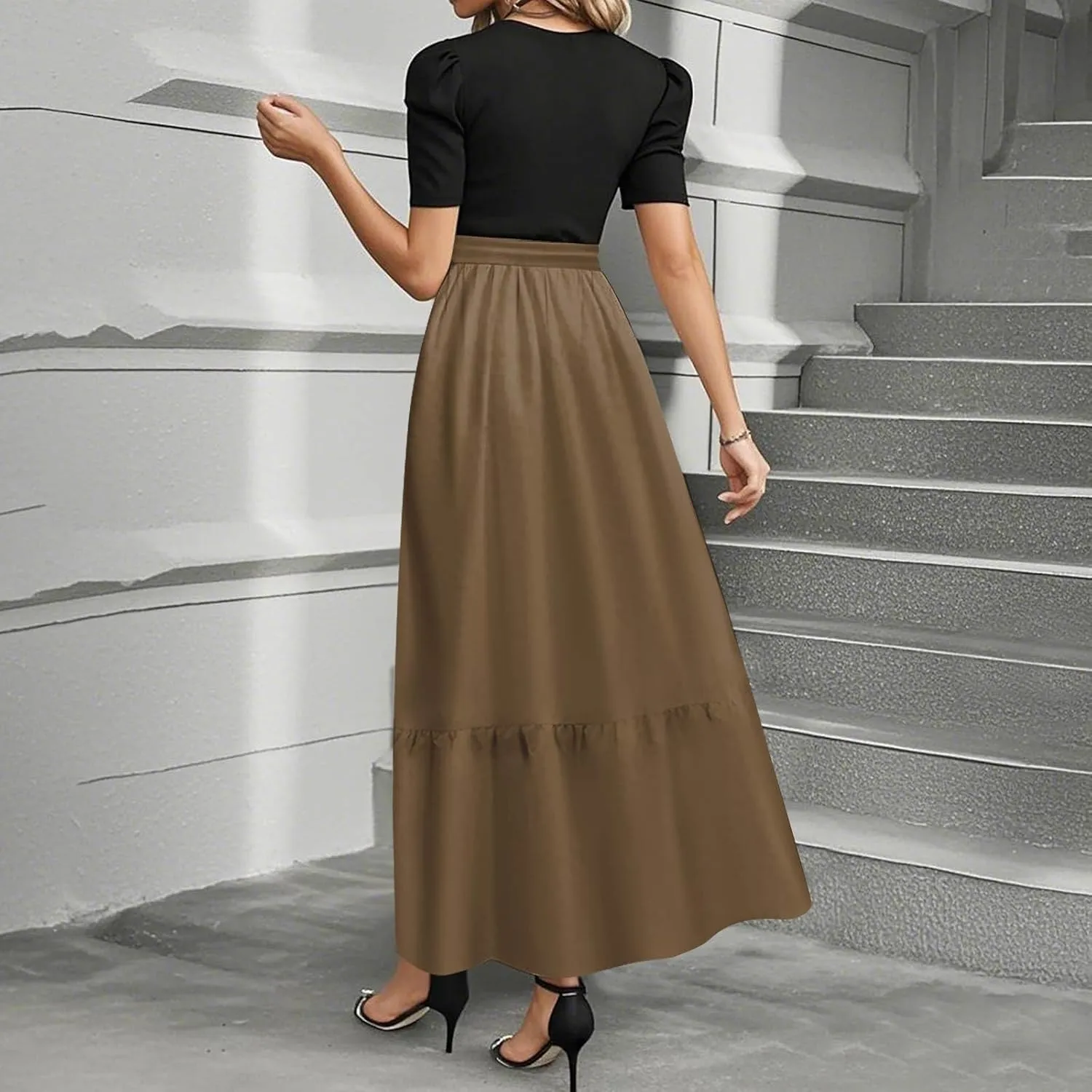 Women's Summer 2025 Fashion Dress Casual Tie Waist Short Sleeve Round Neck Solid Color Patchwork Elegant Flowy Maxi Dresses