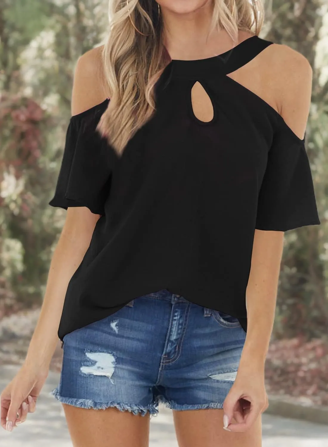 Womens Summer Halter Cold Shoulder Tops Sexy Casual Short Sleeve Keyhole T Shirts Blouse
