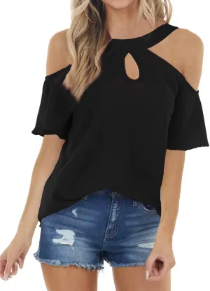 Womens Summer Halter Cold Shoulder Tops Sexy Casual Short Sleeve Keyhole T Shirts Blouse