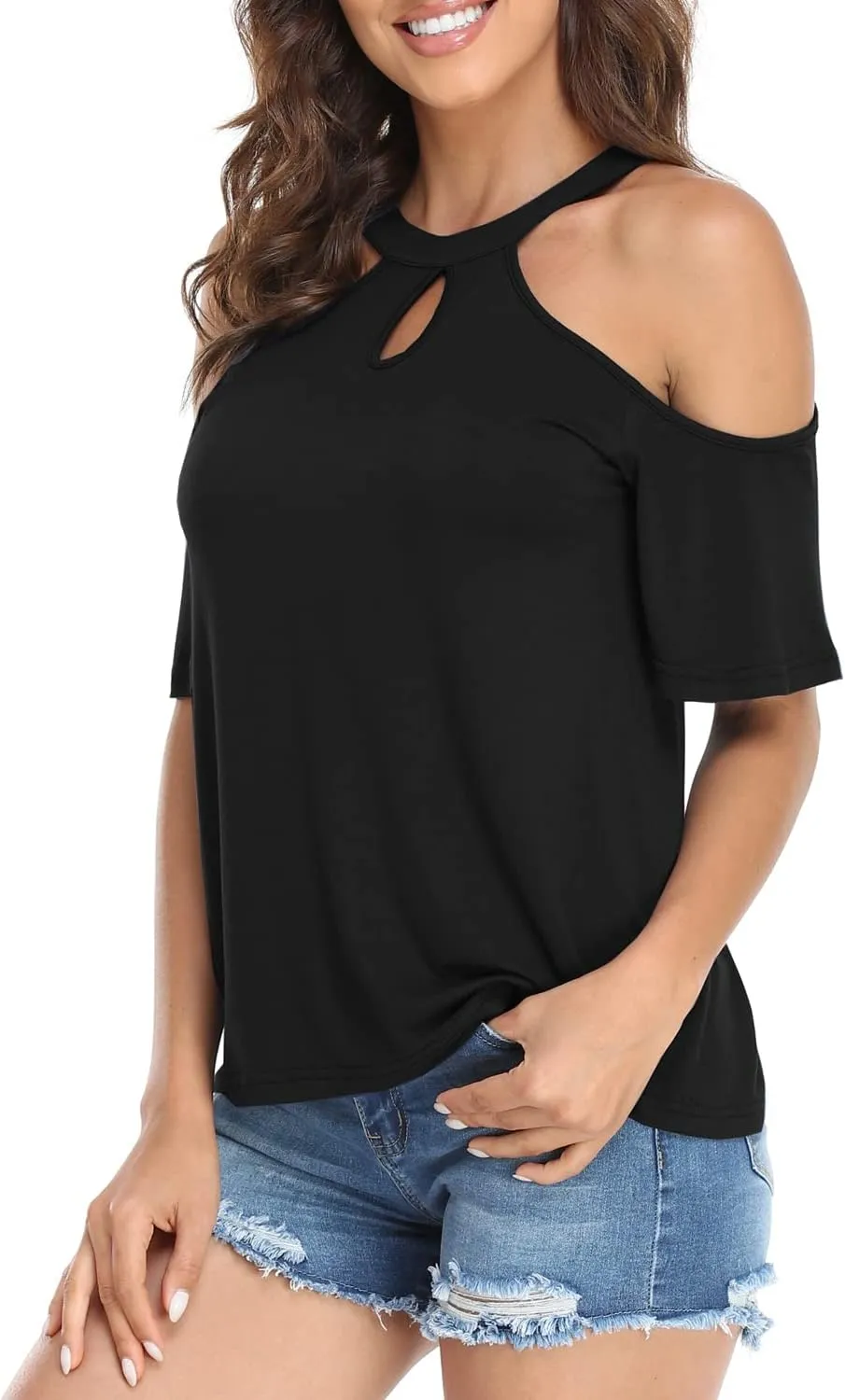 Womens Summer Halter Cold Shoulder Tops Sexy Casual Short Sleeve Keyhole T Shirts Blouse