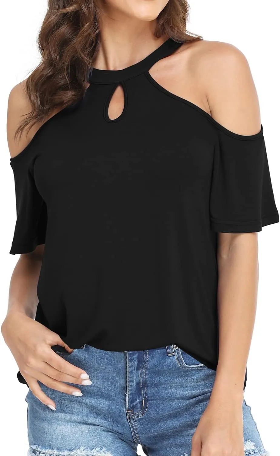 Womens Summer Halter Cold Shoulder Tops Sexy Casual Short Sleeve Keyhole T Shirts Blouse